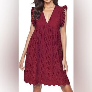 Large Eyelet Sleeveless romper dress shorts v neck ruffle red